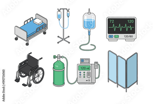 Hospital Ward Equipment in Isometric Flat Style, vector icon set featuring hospital bed, IV stand and bag, heart monitor, wheelchair, oxygen tank, infusion pump, and privacy screen for medical 
