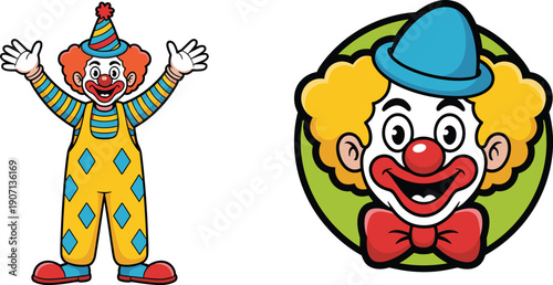 Funny cartoon clown character vector illustration set, colorful circus joker mascot with hat, bow tie, smiling face isolated