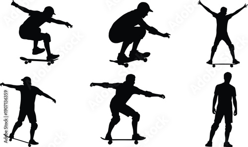 Black Silhouette Set of Skateboarders Performing Tricks and Action Poses Isolated on White Background for Extreme Sports Graphic Design Skateboarding Culture and Street Illustration