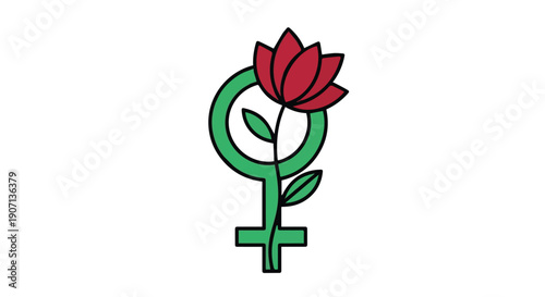 Stylized Feminist Symbol Combining the Female Gender Sign with a Vibrant Red Flower and Green Leaves, Representing Womens Empowerment