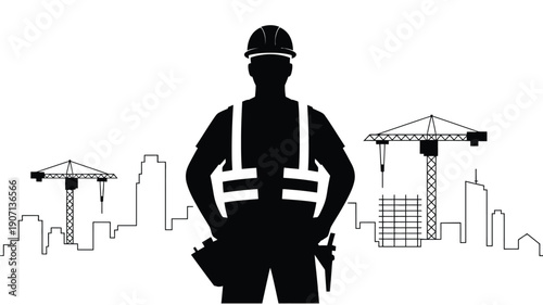 Construction worker silhouette with cranes and city skyline in background industrial scene