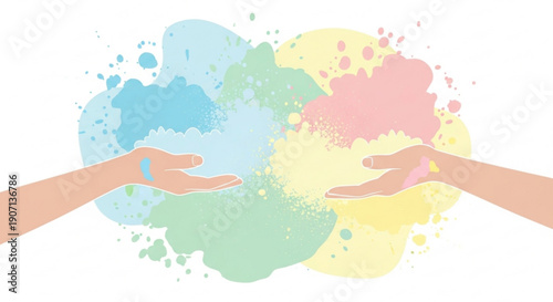 Hands reaching out with colorful powder splashes concept of celebration festival and creativity isolated on white background