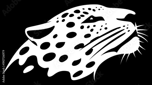 Graphic black and white illustration of a stylized big cat's head