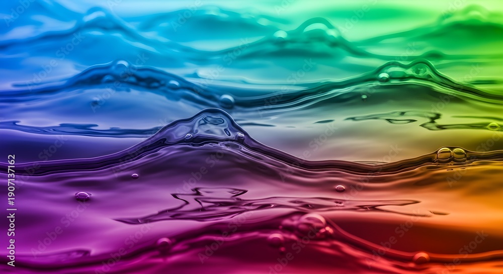Fototapeta premium Vibrant rainbow colored water waves flowing across the surface with dynamic movement and fluidity from a top-down viewpoint in a liquid environment
