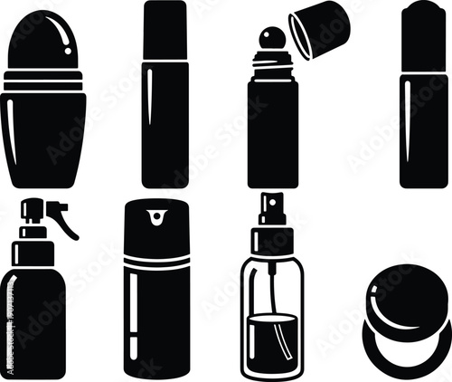 Black silhouette vector set of deodorant stick, roller ball, spray and cosmetic bottle packaging icons