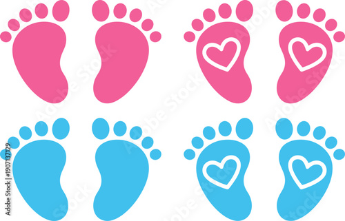 Pink and blue baby footprints vector illustration set, newborn foot print icons with heart shape, cute infant design