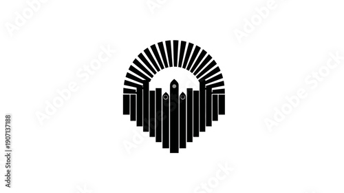 Black and white abstract geometric design of a building with a sun-like halo