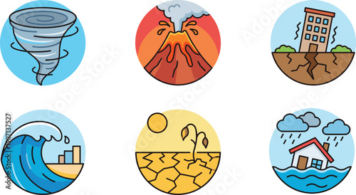 Natural disaster icons set tornado volcano earthquake flood drought tsunami climate emergency vector illustration
