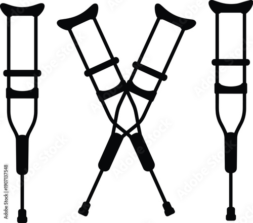 Set of black silhouettes featuring medical crutches and mobility aids isolated on white background, concept of injury recovery, orthopedic care, disability support, and physical rehabilitation