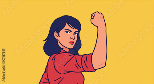 Powerful and Confident Woman in Red Shirt Flexing Bicep, Embodying Strength, Determination, and Female Empowerment