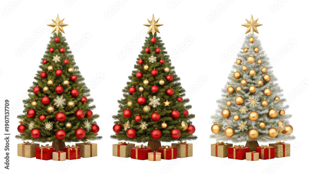 Obraz premium Three beautifully decorated Christmas trees with gifts