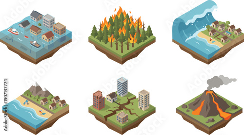 Isometric natural disaster illustrations set flood wildfire tsunami earthquake volcano climate emergency vector design