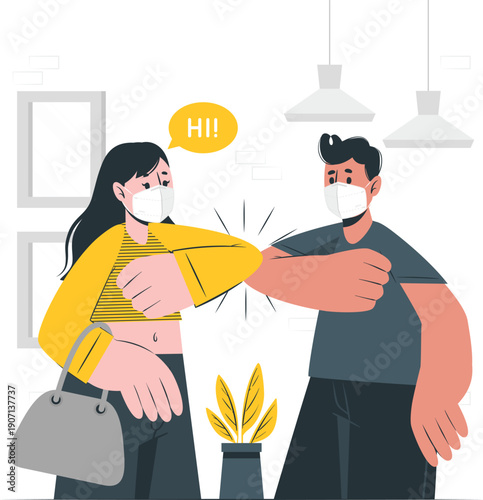 Two individuals greeting each other with an elbow bump in a modern indoor setting