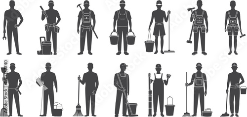 Set of black silhouettes featuring professional cleaners and janitors with buckets and mops isolated on white background, concept of commercial cleaning and sanitation services