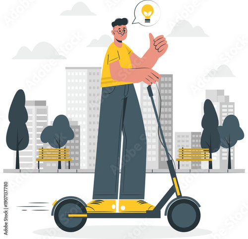 Man on a Segway with a bright idea in a modern cityscape viewed from the side