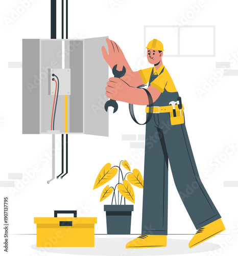 Electrician working on electrical panel with tools in a residential setting