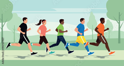 Running vector illustration of diverse people jogging in a park