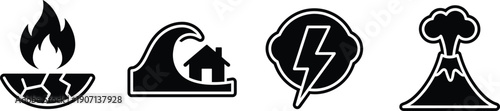 Natural disaster warning icons set black white fire flood lightning volcano silhouette vector illustration