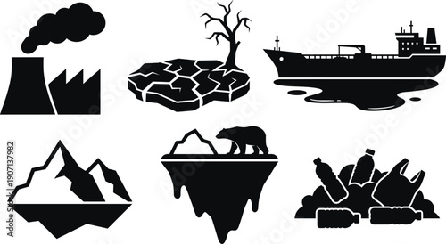 Environmental pollution icons set black white climate change industry waste oil spill global warming silhouette