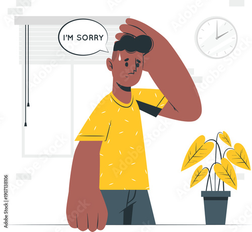 A man in a yellow shirt apologizing with a regretful expression standing near a plant indoors