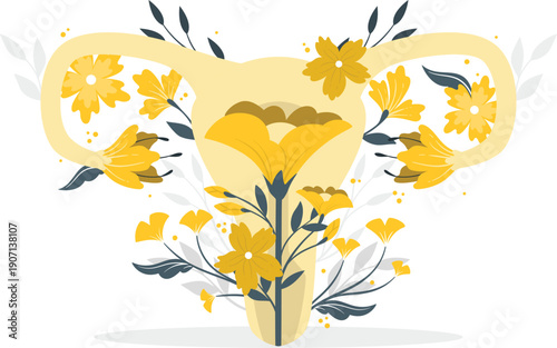 Illustration of a stylized uterus surrounded by blooming flowers and foliage from a frontal viewpoint