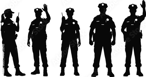 Set of black silhouettes of professional police officers and security guards in uniform isolated on white background, concept of law enforcement, safety, and public authority