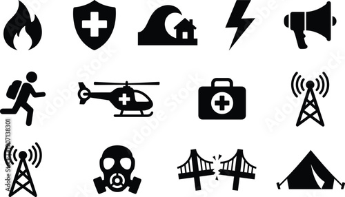 Emergency disaster response icons set black white rescue medical evacuation warning communication safety vector