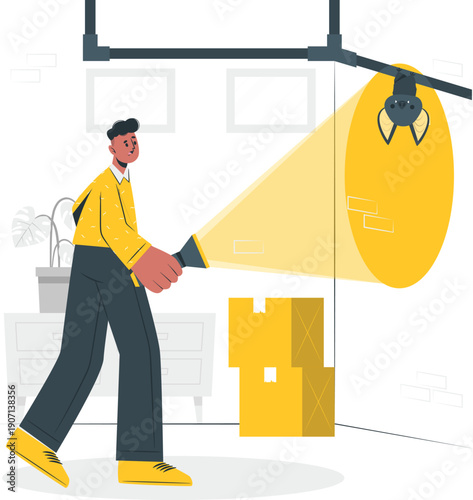 Man inspecting a large spider with a flashlight in a warehouse environment from a dynamic viewpoint