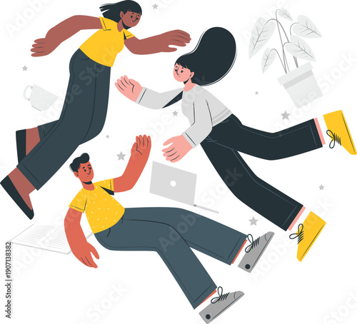 Картината върху платно Three people jumping in the air surrounded by office supplies and plants in a li
