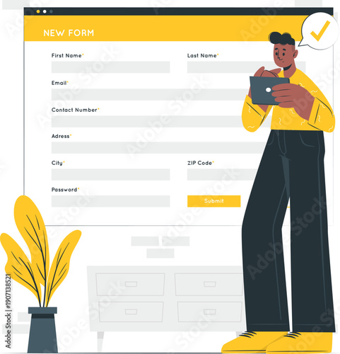 Illustration of a person filling out a digital form on a tablet with a stylized interface and a potted plant nearby