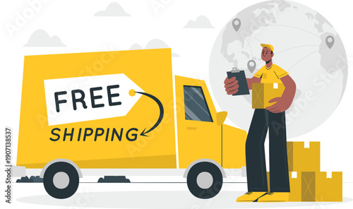Delivery man standing beside a large yellow truck with free shipping sign on a cloudy day with a globe in the background
