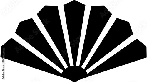 A stylized black and white illustration resembling a fan with radiating blades