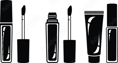 Black silhouette vector collection of liquid lipstick, lip gloss applicator and cosmetic squeeze tube icons