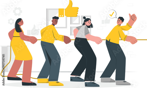 Diverse group of colleagues engaged in teamwork and collaboration while participating in a fun tug-of-war activity together