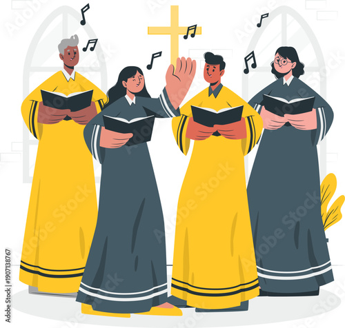 Group of choir members singing hymns together in church, holding songbooks and raising hands in worship