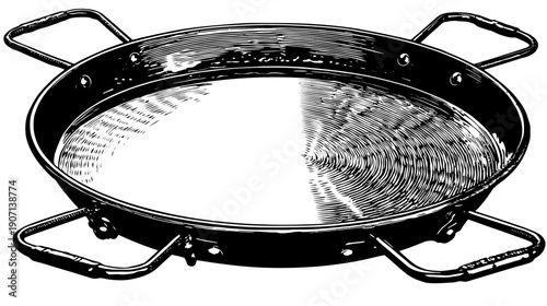 A black and white illustration of a large, round cooking pan with multiple handles