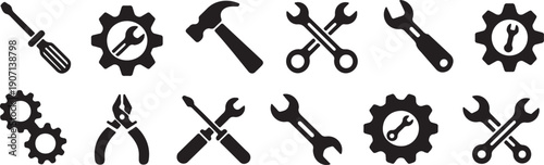 Tools and Service Icons Set Wrench, Screwdriver, and Gear Glyph Symbols