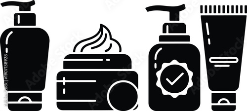 Black silhouette vector set of lotion pump bottle, cream jar and cosmetic squeeze tube icons