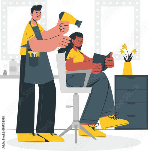 Hairdresser styling a woman's hair in a salon chair with a blow dryer and a thumbs up