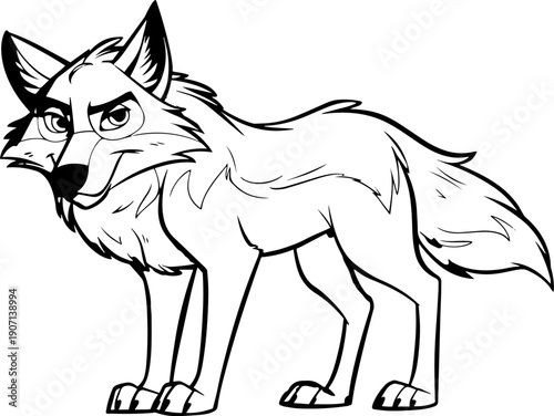 Coloring page featuring a cartoon wolf standing proudly in a natural pose surrounded