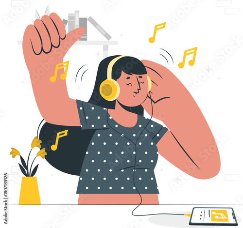 Woman enjoying music with headphones in a serene environment surrounded by flowers