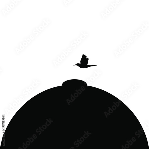 A silhouetted bird flies above a rounded dark shape against white