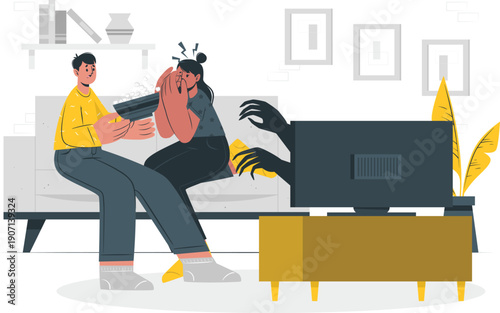 Couple sitting on sofa watching television together in a modern living room from a front viewpoint