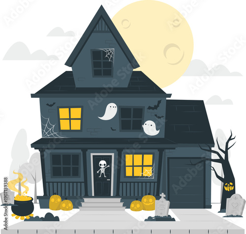 Spooky house exterior at night with ghosts and pumpkins under full moon