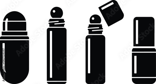 Black silhouette vector set of roll on deodorant, cosmetic stick and lipstick packaging icons