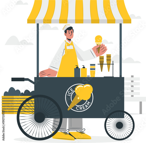 Vibrant Ice Cream Vendor Selling Cold Treats from a Colorful Cart on a Busy Street