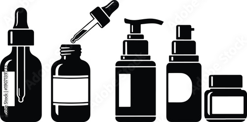 Black silhouette vector set of serum dropper bottle, pump dispenser and cosmetic cream jar icons