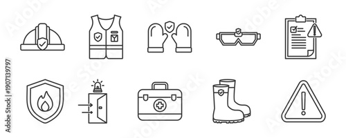 Industry Safety icon set collection in outline style. Icon pack contain Safety helmet, Safety vest, Protective gloves, Safety goggles, Warning sign, Fire extinguisher, Emergency exit, First aid kit, 