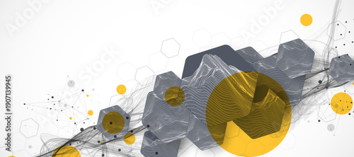 Abstract composition with wireframe hexagons, dots, and lines. Vector