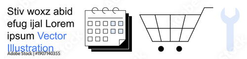 E-commerce, scheduling, maintenance, logistics, online shopping, productivity. Minimalist icons of a calendar, shopping cart and wrench. E-commerce and scheduling concepts
